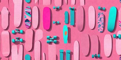 The primary subject of the image is a collection of skateboards, which are displayed in various colors and orientations. The setting is a pink background, which adds a vibrant and playful atmosphere to the scene. The visual style is a combination of photo and digital art, creating a unique and eye-catching display. The colors and mood of the image are predominantly pink, which gives it a cheerful and lively appearance.