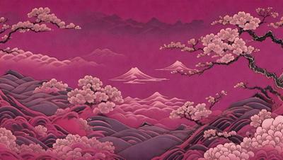 The primary subject of the image is a beautifully painted mountain landscape with a purple sky. The setting is a mountainous area with a pink sky, and the visual style is a combination of digital art and illustration. The colors and mood of the image are predominantly purple, creating a serene and dreamy atmosphere.