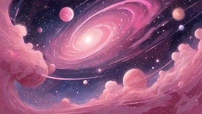 The primary subject of the image is a pink spiral galaxy with a purple background. The setting is a space filled with various celestial objects, including planets and stars. The visual style is a digital art or illustration, creating a vibrant and colorful atmosphere. The dominant colors are pink and purple, giving the scene a unique and whimsical appearance.