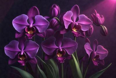The primary subject of the image is a bouquet of purple orchids. The orchids are arranged in a vase, creating a beautiful and elegant display. The setting is a dark background, which contrasts with the vibrant purple color of the orchids. The visual style of the image is a painting, which adds a sense of artistic expression and depth to the scene. The colors and mood of the image are predominantly purple, creating a serene and calming atmosphere.