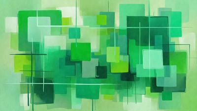 The primary subject of the image is a colorful, abstract painting featuring a variety of shapes and colors. The setting is a green background, which complements the vibrant colors of the painting. The visual style is a mix of digital art and illustration, creating a unique and eye-catching piece of art. The dominant colors are green, blue, and yellow, giving the painting a lively and cheerful atmosphere.