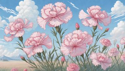 The primary subject of the image is a group of pink flowers, which are the main objects in the scene. The flowers are depicted in a painting or drawing style, with a vibrant pink color and a lush, green background. The overall atmosphere of the image is one of beauty and freshness, with the flowers being the focal point of the scene.
