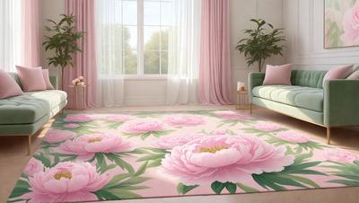 The primary subject of the image is a pink floral carpet with a pattern of pink flowers. The setting is a living room with a couch and a window. The visual style is a photo, and the colors and mood are predominantly pink, creating a warm and inviting atmosphere.