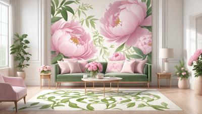 The primary subject of the image is a living room with a couch and a coffee table. The setting is a cozy and comfortable living space. The visual style is a photo, capturing the room's interior. The colors and mood are warm and inviting, with the pink flowers and the pink couch adding a touch of femininity to the room.