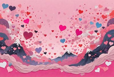 The primary subject of the image is a pink and white heart-shaped mountain with a cloudy sky above it. The setting is a pink background, and the visual style is a digital art illustration. The dominant colors are pink and white, creating a warm and inviting atmosphere.