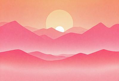 The primary subject of the image is a beautiful sunset, with the sun rising over a mountain range. The setting is a mountainous landscape, and the visual style is a combination of a photo and digital art. The colors and mood of the image are warm and serene, with the sunset casting a warm glow over the mountains.