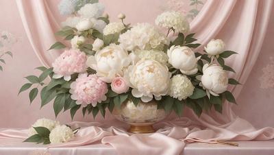 The primary subject of the image is a vase filled with a variety of flowers, including white and pink flowers. The vase is placed on a pink background, which adds a touch of elegance to the scene. The visual style of the image is a close-up of the vase and flowers, showcasing the details and beauty of the arrangement. The colors and mood of the image are predominantly pink and white, creating a sense of warmth and freshness.