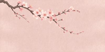 The primary subject of the image is a branch with pink flowers on it. The setting is a pink background, which adds a warm and inviting atmosphere to the scene. The visual style is a combination of a photo and a drawing, creating a unique and artistic representation of the branch with flowers. The colors and mood of the image are predominantly pink, which evokes feelings of love, warmth, and happiness.