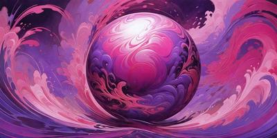 The primary subject of the image is a large, purple, swirling ball. The setting is a colorful, swirling background that complements the main subject. The visual style is a combination of digital art and illustration, creating a vibrant and dynamic scene. The colors and mood of the image are predominantly purple, with a sense of movement and energy.