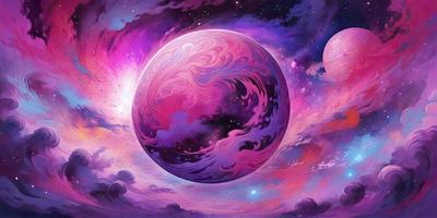 The primary subject of the image is a large, pink, swirling ball, which appears to be a celestial object or a planet. The setting is a purple and pink sky, with a few stars visible in the background. The visual style is a digital art or illustration, creating a vibrant and colorful atmosphere. The dominant colors are pink and purple, giving the scene a dreamy and whimsical mood.