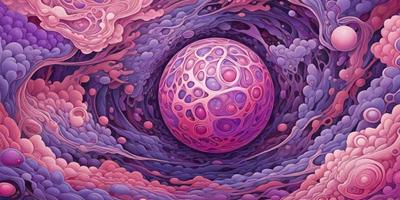 The primary subject of the image is a large, pink, purple, and blue ball, which is the main focus of the scene. The ball is located in the center of the image, surrounded by a vibrant and colorful background. The visual style of the image is a combination of digital art and illustration, creating a unique and eye-catching composition. The colors and mood of the image are lively and energetic, with the pink, purple, and blue hues evoking a sense of