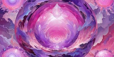 The primary subject of the image is a large, purple, pink, and white circle with a crystal-like structure in the center. The circle appears to be a part of a larger, swirling pattern. The setting is a space-like environment, with the circle being the main focus of the scene. The visual style is a combination of digital art and illustration, creating a vibrant and colorful atmosphere. The dominant colors are purple, pink, and white, with the crystal-like structure adding