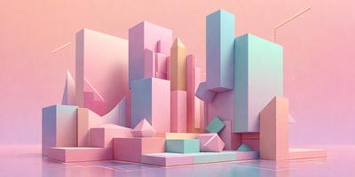 The primary subject of the image is a large, colorful cityscape made up of various geometric shapes. The setting is a pink and blue background, which adds a vibrant and lively atmosphere to the scene. The visual style is a combination of digital art and illustration, creating a unique and eye-catching design. The colors and mood of the image are predominantly pink and blue, giving it a cheerful and uplifting vibe.