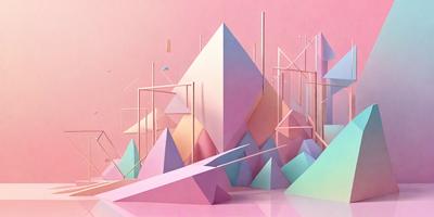 The primary subject of the image is a large, colorful, and abstract mountain made of various shapes and colors. The mountain is situated in a pink and purple landscape, creating a vibrant and lively atmosphere. The visual style of the image is a combination of digital art and illustration, with the mountain's shapes and colors resembling a 3D model. The overall mood of the image is energetic and playful, as the mountain's unique design and vivid colors evoke a sense of