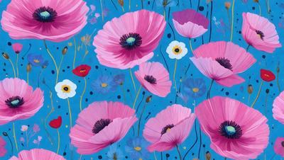 The primary subject of the image is a close-up of a pink flower, surrounded by other flowers of various colors. The setting is a blue background, which adds a contrasting and vibrant touch to the scene. The visual style is a painting, with the artist's brushstrokes visible in the details of the flowers. The colors and mood of the image are predominantly pink and vibrant, creating a lively and cheerful atmosphere.