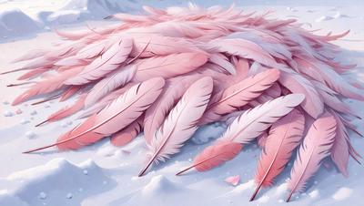 The primary subject of the image is a pile of pink feathers, which are scattered across a white surface. The feathers are arranged in various positions, creating a visually appealing and artistic scene. The setting appears to be a snowy environment, which adds a sense of contrast to the vibrant pink color of the feathers. The visual style of the image is a combination of digital art and illustration, creating a unique and eye-catching composition. The overall atmosphere of the image is one of beauty and