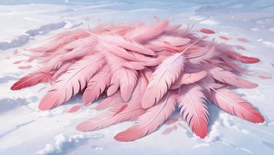 The primary subject of the image is a pile of pink feathers, which are scattered across a snowy surface. The setting is a winter environment, with the feathers lying on the snow. The visual style of the image is a painting, which gives it a unique and artistic appearance. The dominant colors in the image are pink and white, creating a warm and inviting atmosphere despite the cold winter setting.