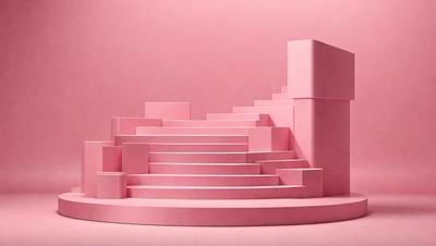 The primary subject of the image is a pink staircase. The setting is a pink background, which creates a visually striking contrast with the staircase. The visual style of the image is a combination of photo and digital art, giving it a unique and artistic appearance. The colors and mood of the image are predominantly pink, which evokes a sense of warmth and softness.