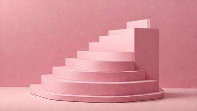 The primary subject of the image is a pink staircase. The setting is a pink background, which creates a visually striking contrast with the staircase. The visual style is a combination of a photo and a drawing, giving the image a unique and artistic appearance. The colors and mood of the image are predominantly pink, creating a warm and inviting atmosphere.