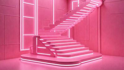 The primary subject of the image is a pink staircase with a neon glow. The staircase is located in a pink room, which gives the scene a unique and vibrant atmosphere. The visual style of the image is a combination of photo and digital art, creating a striking and eye-catching display. The dominant colors in the image are pink and neon, which together create a warm and inviting mood.