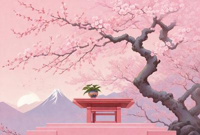 The primary subject of the image is a small pink table with a pot of flowers on it. The table is situated in front of a mountain, creating a serene and picturesque scene. The visual style of the image is a combination of digital art and illustration, giving it a vibrant and artistic appearance. The dominant colors in the image are pink and purple, which contribute to the overall mood of the scene, evoking feelings of tranquility and beauty.