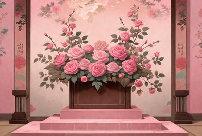 The primary subject of the image is a large bouquet of pink roses arranged in a vase. The setting is a pink wall, which serves as the backdrop for the bouquet. The visual style is a painting, with the roses and vase depicted in a detailed and artistic manner. The colors and mood of the image are predominantly pink, creating a warm and inviting atmosphere.