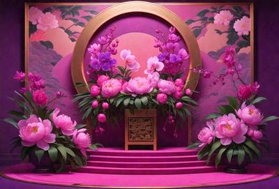 The primary subject of the image is a beautifully decorated pink flower arrangement. The setting is a pink stage with a purple wall, creating a visually appealing and vibrant atmosphere. The visual style of the image is a combination of photo and digital art, resulting in a realistic yet artistic representation of the flower arrangement. The colors and mood of the image are predominantly pink and purple, evoking a sense of warmth, elegance, and sophistication.