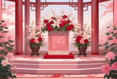 The primary subject of the image is a beautifully decorated flower arrangement, featuring a variety of flowers and plants. The setting is a room with a red and white color scheme, and the visual style is a combination of digital art and illustration. The dominant colors are red and white, creating a warm and inviting atmosphere. The flowers are arranged in a vase, which is placed on a table, and there are also two potted plants in the room, adding to the overall aesthetic.
