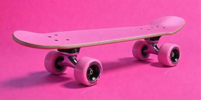 The primary subject of the image is a pink skateboard with white wheels. The skateboard is placed on a pink surface, which creates a visually striking contrast between the skateboard and the background. The visual style of the image is a close-up of the skateboard, emphasizing its color and design. The colors and mood of the image are predominantly pink, giving it a vibrant and cheerful atmosphere.