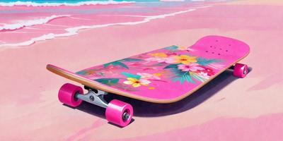 The primary subject of the image is a pink skateboard with a floral pattern on it. The skateboard is placed on a sandy beach, which serves as the setting and background of the scene. The visual style of the image is a painting, giving it a vibrant and artistic appearance. The dominant colors in the painting are pink and white, creating a cheerful and lively atmosphere.
