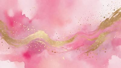 The primary subject of the image is a painting of a wave with gold and pink colors. The setting is a pink background, and the visual style appears to be a digital art or illustration. The dominant colors are pink and gold, creating a warm and vibrant atmosphere.