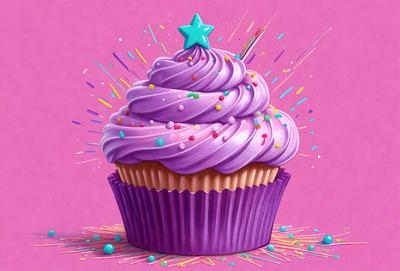 The primary subject of the image is a purple cupcake with a star on top. The cupcake is placed on a pink surface, which adds a contrasting color to the scene. The visual style of the image is a combination of digital art and illustration, creating a vibrant and colorful presentation. The dominant colors in the image are purple and pink, giving the scene a cheerful and festive atmosphere.