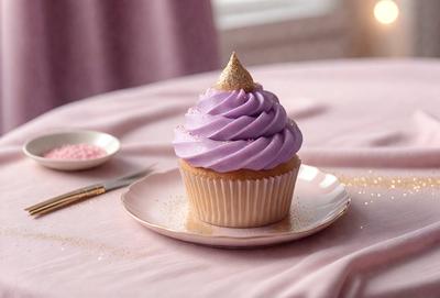 The primary subject of the image is a cupcake with purple frosting. The cupcake is placed on a pink plate, which is sitting on a dining table. The setting appears to be a cozy and inviting space, perfect for enjoying a delicious treat. The visual style of the image is a close-up of the cupcake, highlighting its details and colors. The dominant colors in the image are pink and purple, creating a warm and pleasant atmosphere.