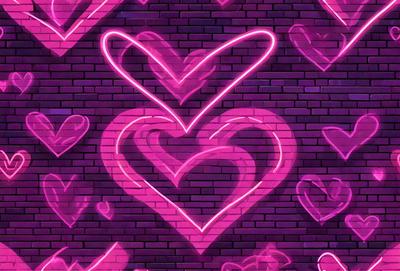 The primary subject of the image is a brick wall with a pink heart painted on it. The setting is a brick wall, and the visual style appears to be a digital art or illustration. The dominant colors in the image are pink and purple, creating a warm and inviting atmosphere.