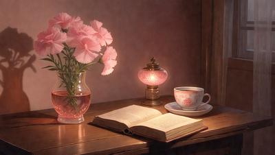 The primary subject of the image is a vase filled with pink flowers, placed on a table. The setting is a cozy, intimate space with a book and a cup of coffee nearby. The visual style is a painting, which creates a warm and inviting atmosphere. The dominant colors are pink and brown, which contribute to the overall mood of the scene.