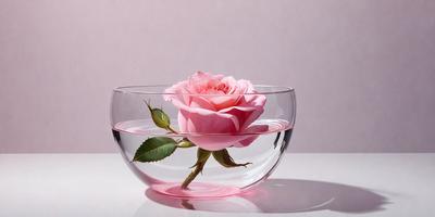 The primary subject of the image is a single pink rose in a glass bowl. The rose is placed in the center of the bowl, and the bowl is filled with water. The setting is a table, and the visual style is a close-up of the rose in the bowl. The colors in the image are predominantly pink, and the overall atmosphere is serene and elegant.