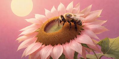 The primary subject of the image is a bee sitting on top of a large pink flower. The setting is a garden, with the flower being the main focus of the scene. The visual style is a painting, which gives the image a vibrant and artistic appearance. The dominant colors are pink and yellow, creating a warm and inviting atmosphere.
