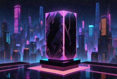 The primary subject of the image is a large, pink, purple, and black structure, which appears to be a futuristic building or a piece of art. The setting is a cityscape, with a skyline visible in the background. The visual style of the image is digital art, as it is a computer-generated or digitally created piece. The dominant colors in the image are pink, purple, and black, creating a vibrant and futuristic atmosphere.