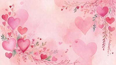 The primary subject of the image is a heart-shaped flower with a pink background. The setting is a pink background with a heart-shaped flower. The visual style is a watercolor painting. The colors and mood are predominantly pink, creating a warm and romantic atmosphere.