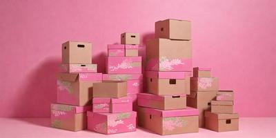 The primary subject of the image is a stack of pink boxes with floral designs on them. The setting is a pink background, which adds to the overall mood of the scene. The visual style of the image is a combination of photo and digital art, creating a unique and eye-catching design. The colors and mood of the image are predominantly pink, which gives it a warm and inviting atmosphere.