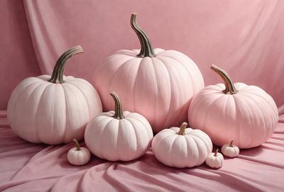 The primary subject of the image is a group of pink and white pumpkins. They are arranged in a visually appealing manner, with some pumpkins placed on top of each other and others sitting next to each other. The setting is a pink background, which adds a warm and inviting atmosphere to the scene. The visual style of the image is a combination of photo and digital art, creating a realistic yet artistic representation of the pumpkins. The colors and mood of the image are predominantly p