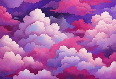 The primary subject of the image is a cloudy sky with various cloud formations. The setting is a purple and pink sky, which gives the scene a vibrant and colorful atmosphere. The visual style is a combination of digital art and illustration, creating a unique and artistic representation of the cloudy sky. The dominant colors are purple and pink, which evoke a sense of warmth and tranquility.