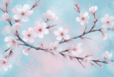 The primary subject of the image is a branch with pink flowers on it. The setting is a blue sky, and the visual style appears to be a painting or drawing. The colors and mood of the image are predominantly pink, creating a warm and inviting atmosphere.
