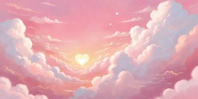 The primary subject of the image is a heart-shaped cloud, which is floating in a pink sky. The setting is a cloudy sky, and the visual style is an illustration or drawing. The colors and mood of the image are predominantly pink, creating a warm and romantic atmosphere.