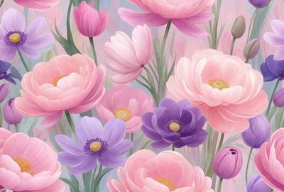 The primary subject of the image is a bouquet of pink and purple flowers. The flowers are arranged in a visually appealing manner, creating a sense of beauty and harmony. The setting is a garden, with the flowers blooming in a field of grass. The visual style of the image is a painting, which adds a sense of artistic expression and creativity to the scene. The dominant colors in the image are pink and purple, which evoke feelings of warmth, love, and tranquility.