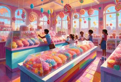 The primary subject of the image is a group of children standing in front of a candy display. The setting is a candy store, and the visual style is an illustration. The colors and mood of the image are vibrant and cheerful, with the children enjoying the colorful candy display.