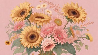 The primary subject of the image is a bouquet of flowers, predominantly featuring sunflowers. The flowers are arranged in a vase, creating a beautiful and vibrant display. The setting is a pink background, which adds a touch of warmth and elegance to the scene. The visual style of the image is a combination of digital art and illustration, showcasing the artist's skill in creating a realistic and visually appealing representation of the flowers. The colors and mood of the image are pre