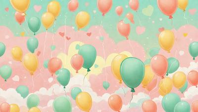 The primary subject of the image is a group of colorful balloons floating in a pink and yellow cloudy sky. The balloons come in various shapes and sizes, creating a lively and cheerful atmosphere. The setting is a whimsical, imaginative scene that evokes a sense of playfulness and joy. The visual style is a combination of digital art and illustration, with the artist skillfully combining different elements to create a vibrant and engaging image. The colors and mood are predomin