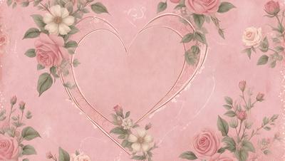 The primary subject of the image is a heart-shaped design with a pink background. The heart is adorned with a variety of flowers, including roses, which are scattered throughout the design. The setting is a pink background, and the visual style appears to be a combination of digital art and illustration. The colors and mood of the image are predominantly pink, creating a warm and romantic atmosphere.