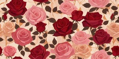 The primary subject of the image is a close-up of a bouquet of red roses. The setting is a patterned background, which adds a decorative touch to the scene. The visual style is a combination of a photo and a drawing, creating a unique and artistic representation of the roses. The dominant colors are red and pink, giving the image a warm and vibrant atmosphere.